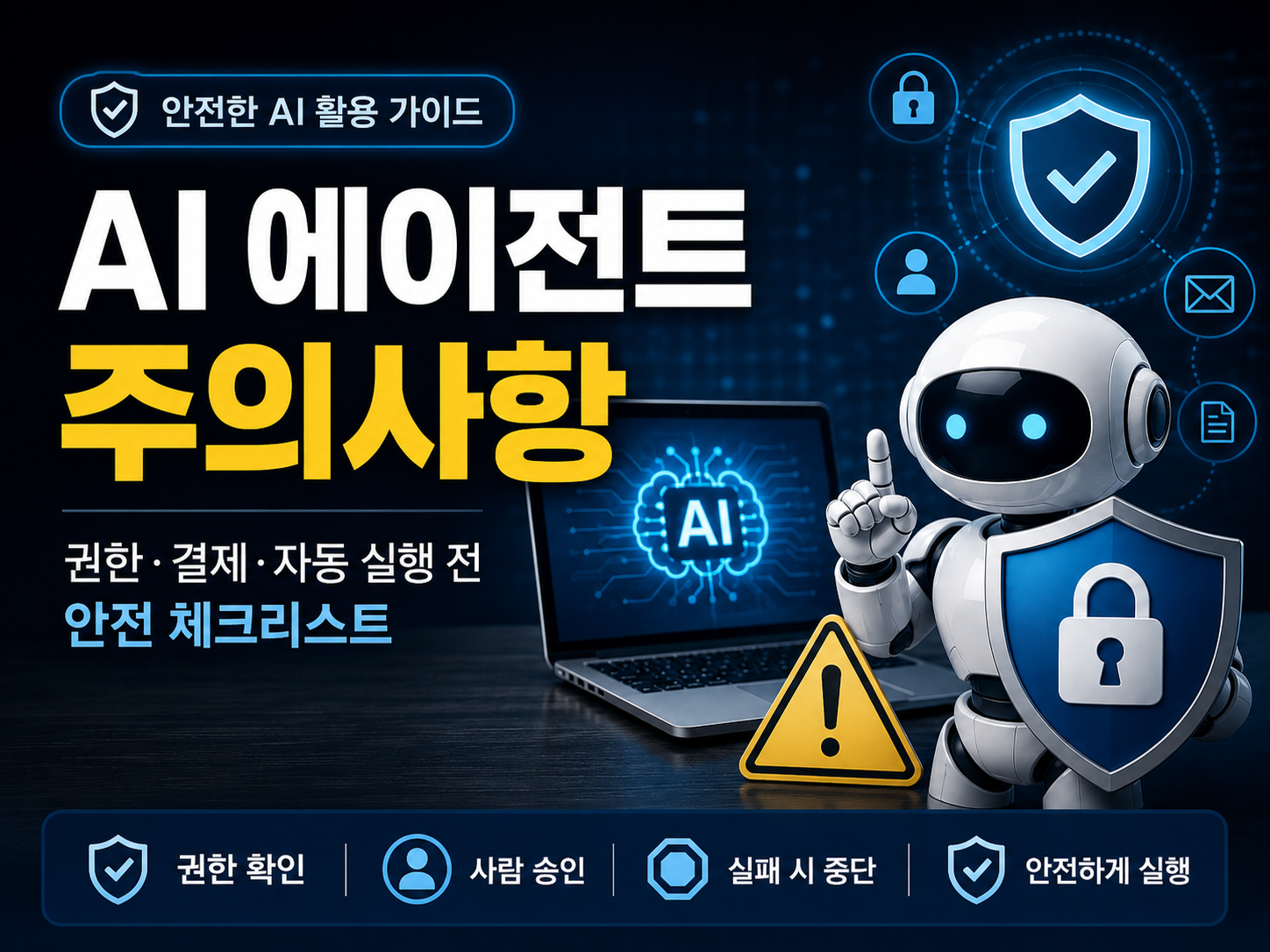 AI 에이전트 주의사항과 권한 확인, 사람 승인, 실패 시 중단, 안전한 실행 과정을 표현한 안전 체크리스트 대표 이미지