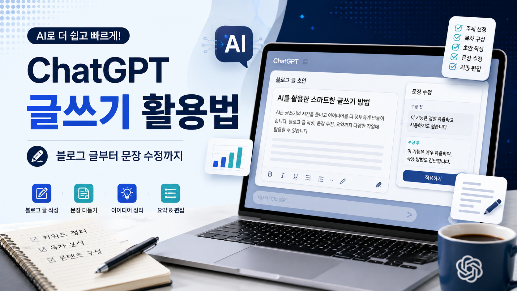 ChatGPT 글쓰기 활용법을 보여주는 AI 블로그 글쓰기 이미지