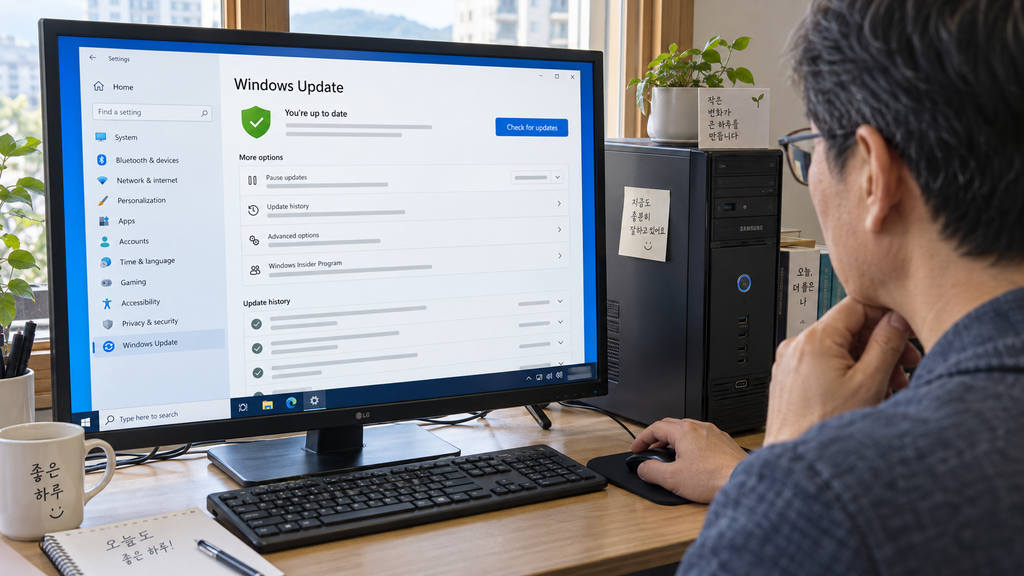Windows 10 PC에서 보안 업데이트 상태와 업데이트 기록을 확인하는 모습