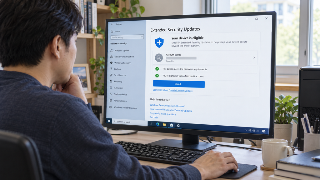 Windows 10 확장 보안 업데이트 ESU 등록 상태를 확인하는 모습