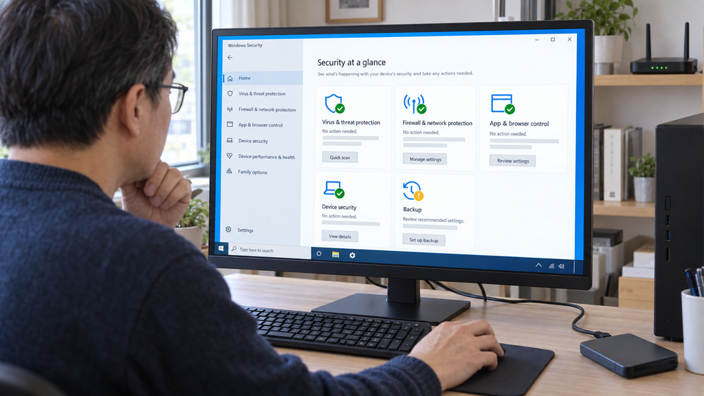 Windows 10의 바이러스 방지와 방화벽 및 백업 상태를 점검하는 모습.
