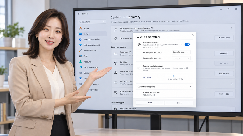 Windows 11 Point-in-time Restore 설정 화면을 설명하는 여자 강사