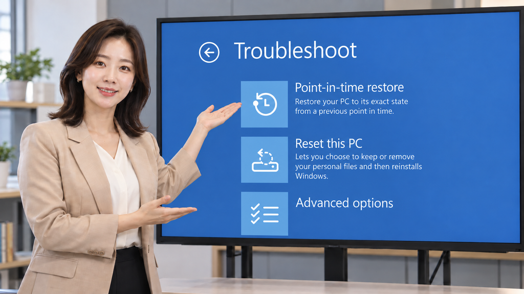 Windows 11 Point-in-time Restore를 선택하는 WinRE 화면 설명