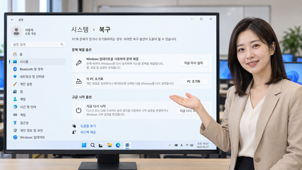 Windows 11 설정의 시스템 복구 화면에서 지금 다시 설치 메뉴를 설명하는 여자 강사