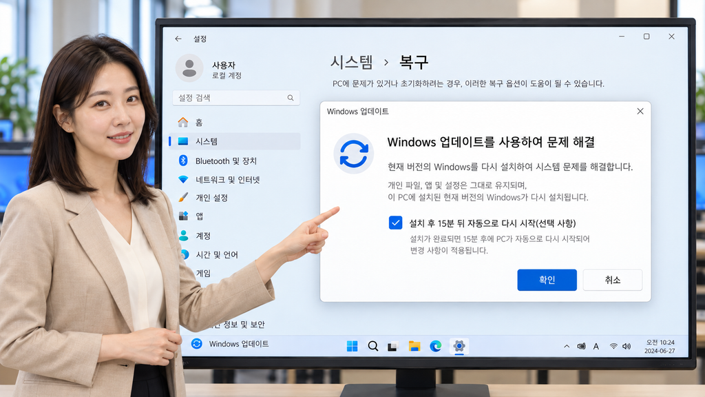 Windows 업데이트 복구 재설치 확인창과 자동 재시작 선택 항목을 설명하는 여자 강사