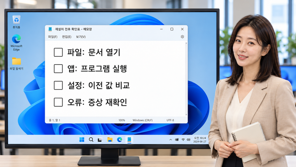 Windows 11 재설치 전후에 파일 앱 설정 오류를 확인할 목록을 보여주는 여자 강사