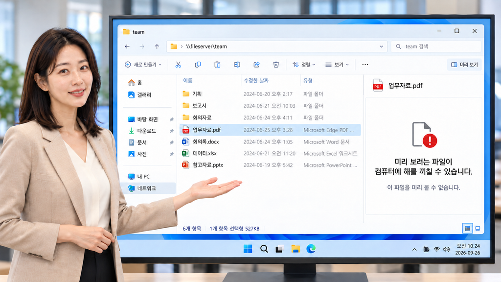 Windows 11 사내 공유폴더 파일을 선택했을 때 탐색기 미리보기 창에 보안 경고가 나타나는 설명 이미지