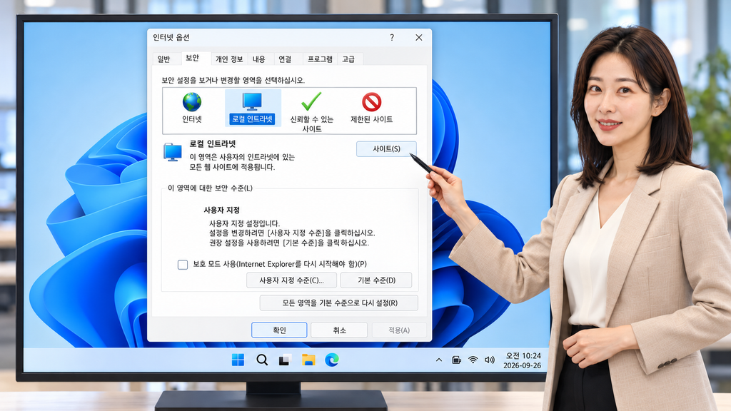 Windows 11 인터넷 옵션의 보안 탭에서 로컬 인트라넷과 사이트 버튼을 확인하는 설명 이미지