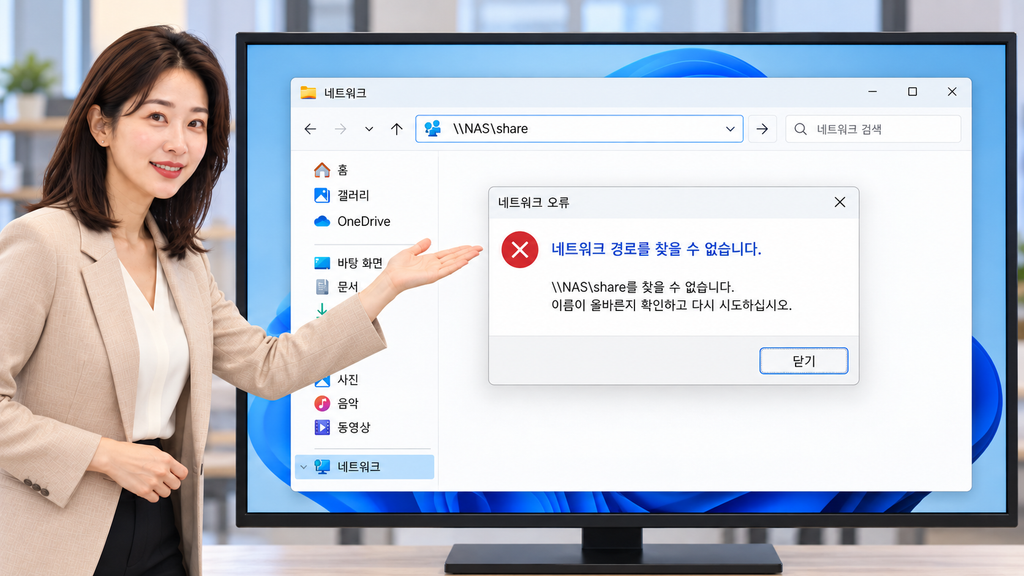 Windows 11 NAS 접속 안됨 오류와 공유 폴더 경로를 설명하는 여성 강사