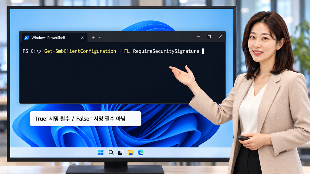 Windows 11 NAS 접속 안됨 점검을 위한 SMB 서명 설정 명령을 설명하는 여성 강사