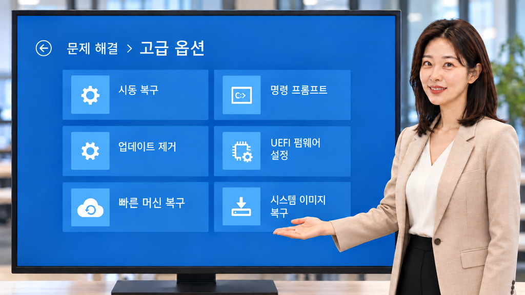 WinRE 고급 옵션의 빠른 머신 복구 메뉴를 설명하는 여성 강사