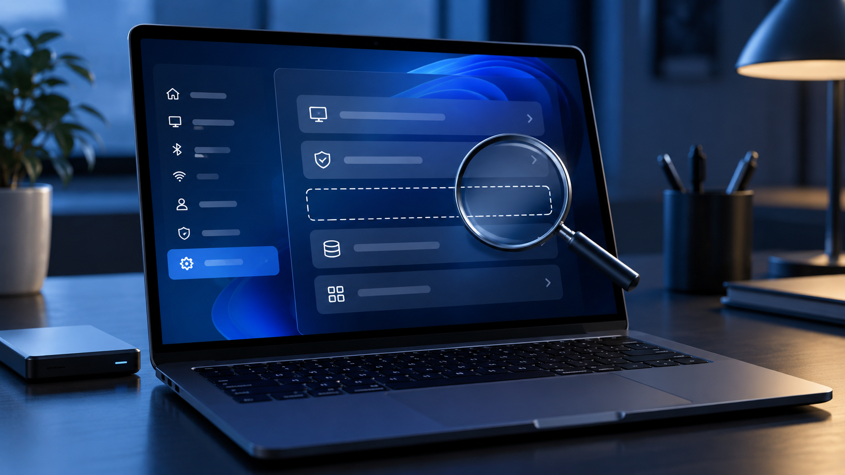 Windows 11 Point-in-time Restore 설정 메뉴를 찾는 상황을 표현한 노트북과 돋보기 이미지