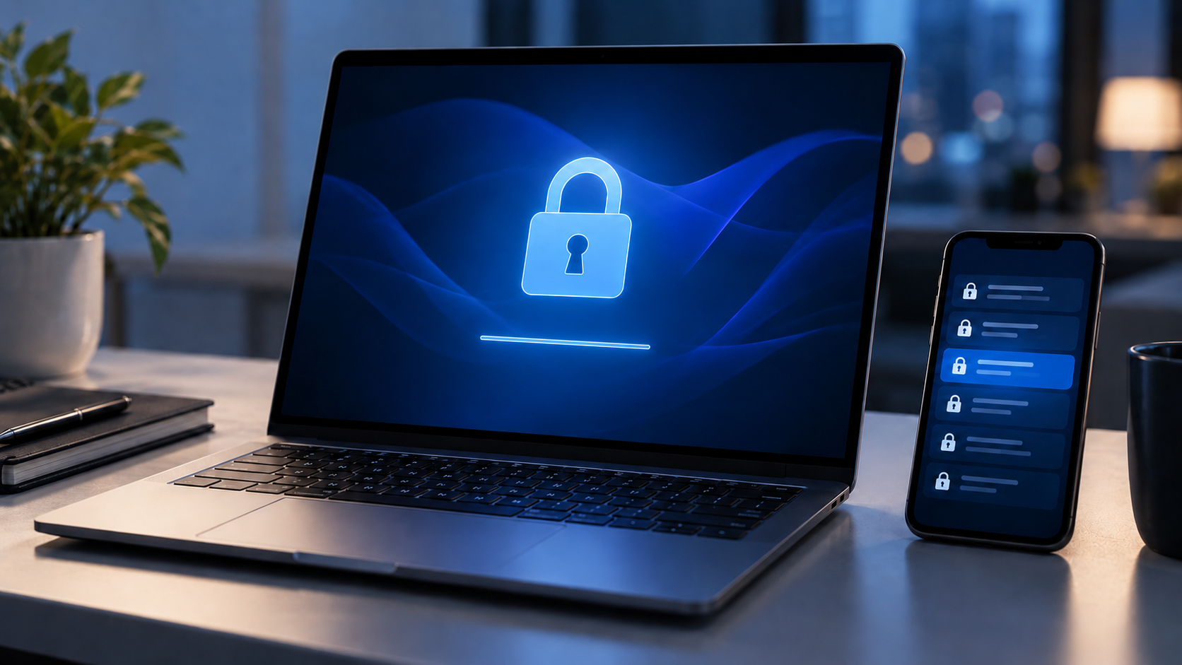 BitLocker 복구 키를 찾기 위해 노트북과 스마트폰에서 키 정보를 확인하는 이미지