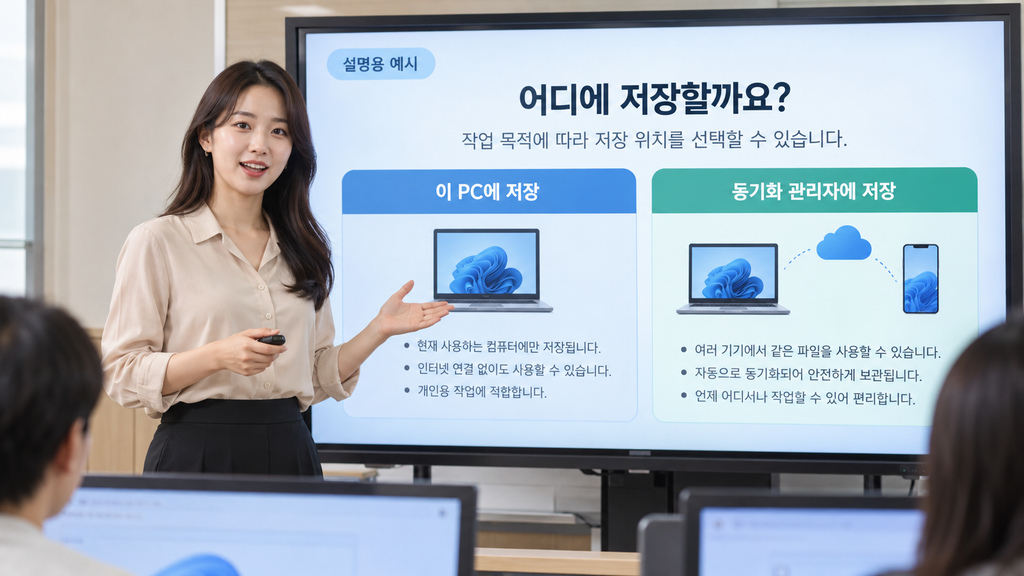 여자 강사가 Windows 11 Passkey 로컬 저장과 동기화 저장의 차이를 설명하는 이미지