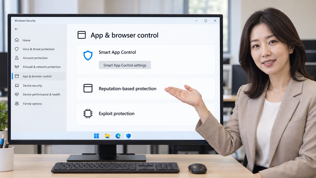 여자 강사가 대형 모니터의 Windows 보안 앱에서 Smart App Control 설정 위치를 설명하는 이미지
