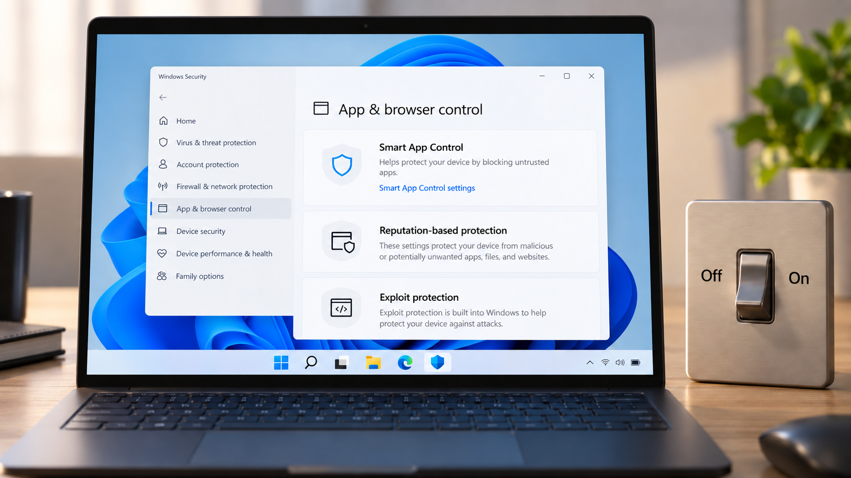 Windows 11 Smart App Control 다시 켜기 설정을 설명하는 노트북과 켜짐·꺼짐 스위치 이미지