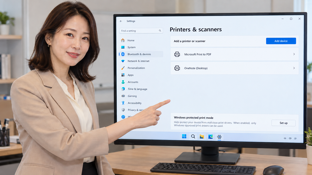 강사가 Windows 11 프린터 및 스캐너의 Windows Protected Print Mode 설정 위치를 설명하는 이미지