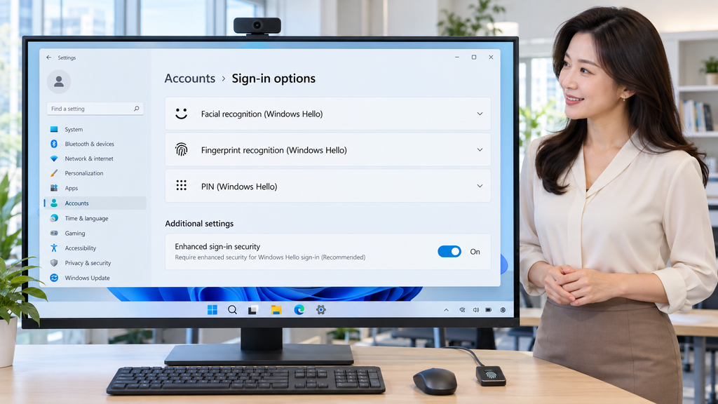 여자 강사가 모니터에서 Windows Hello ESS 로그인 옵션 설정 위치를 설명하는 이미지