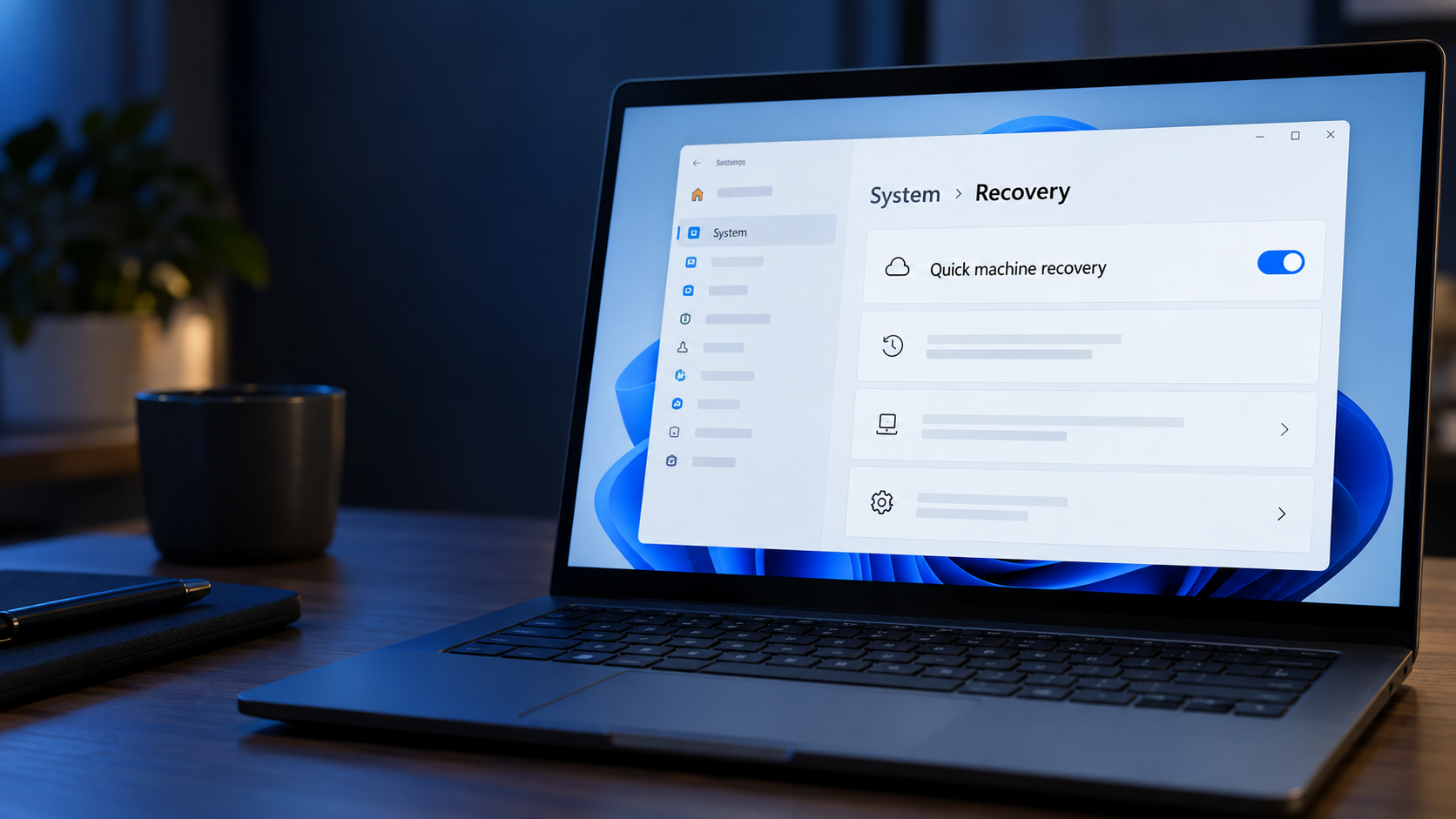 Windows 11 Pro 노트북에서 Quick Machine Recovery 설정을 확인하는 설명 이미지