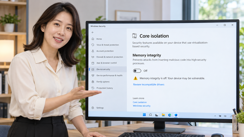 Memory Integrity가 켜지지 않을 때 Windows 보안의 코어 격리 화면을 설명하는 이미지