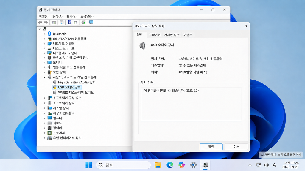 Windows 11 장치 관리자에서 USB 오디오 장치 Code 10 오류를 재현한 AI 예시 화면