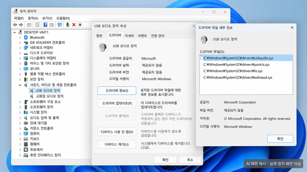 Windows 11 USB 오디오 장치의 usbaudio.sys 드라이버 세부 정보를 재현한 AI 예시 화면
