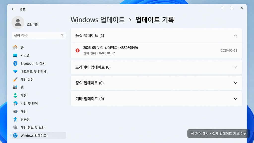 0x800f0922 설치 실패가 표시된 Windows 11 업데이트 기록 AI 재현 예시