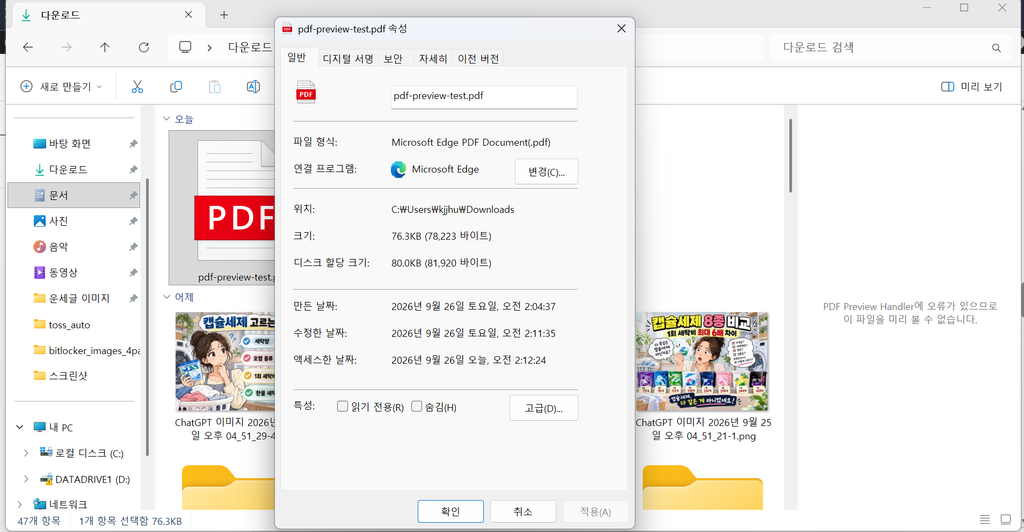 Windows 11에서 PDF 속성 확인 후에도 PDF Preview Handler 오류로 미리보기가 되지 않는 화면