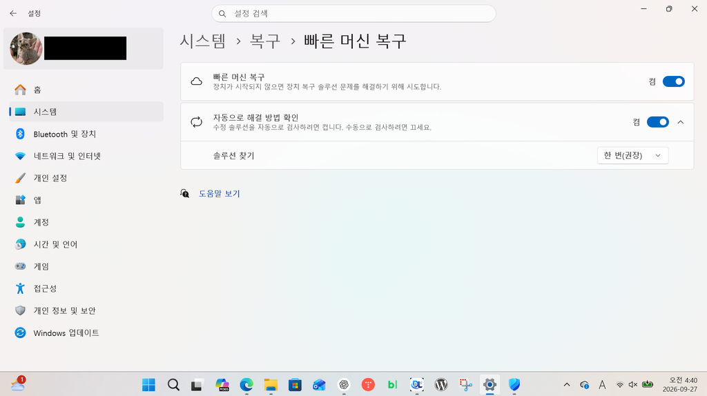 Windows 11 Pro의 빠른 머신 복구와 솔루션 자동 검사 설정 화면