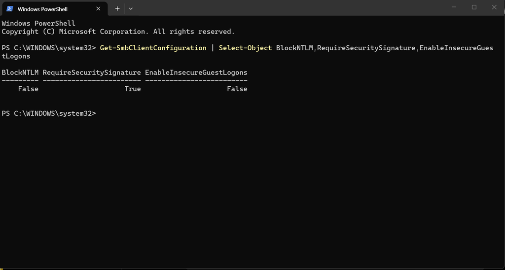 NAS 인증 실패 원인 확인을 위해 Windows 11 SMB NTLM과 서명 설정값을 조회한 화면