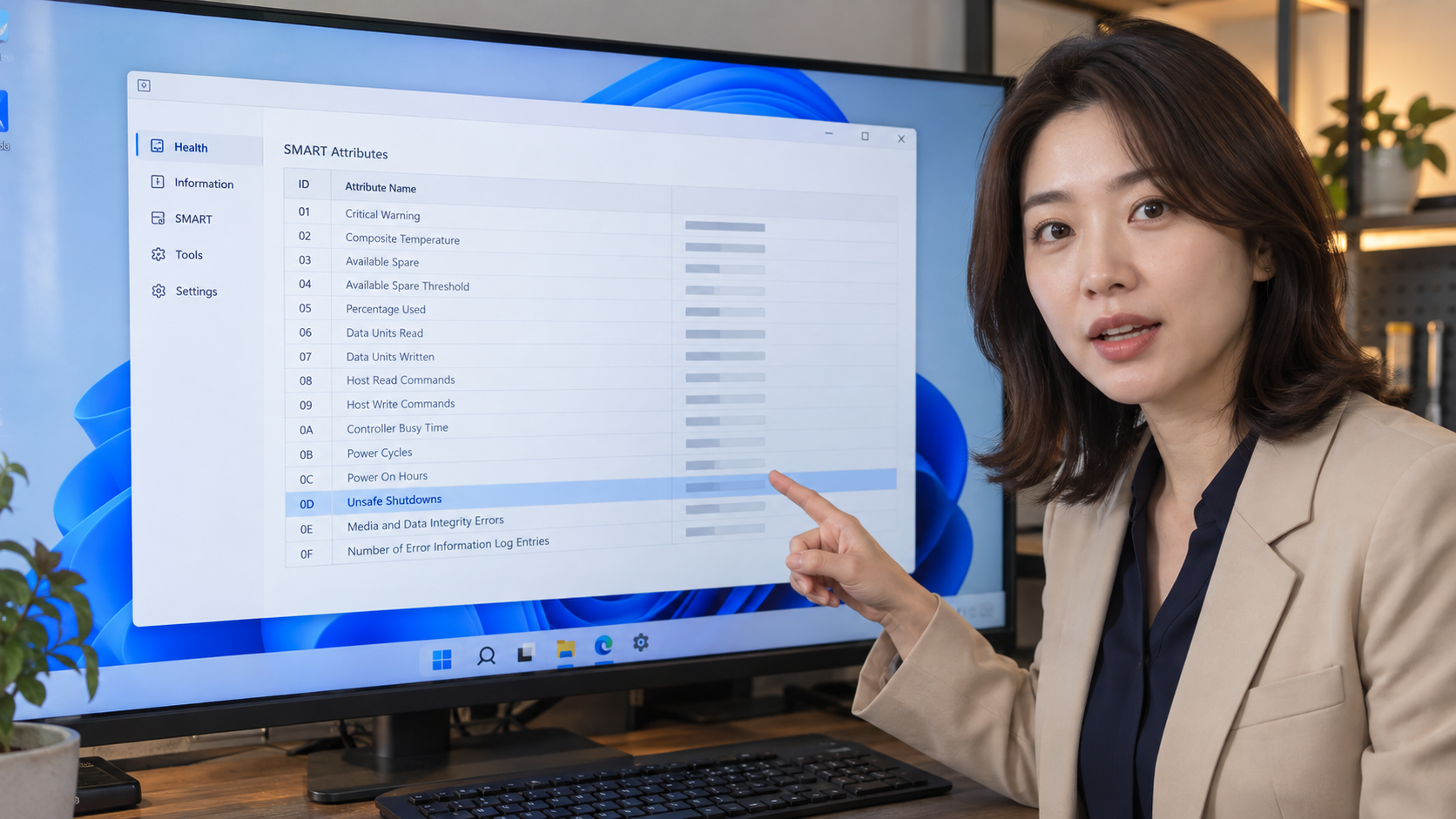 NVMe Unsafe Shutdowns 항목을 큰 모니터에 띄우고 설명하는 여성 강사의 설명 이미지