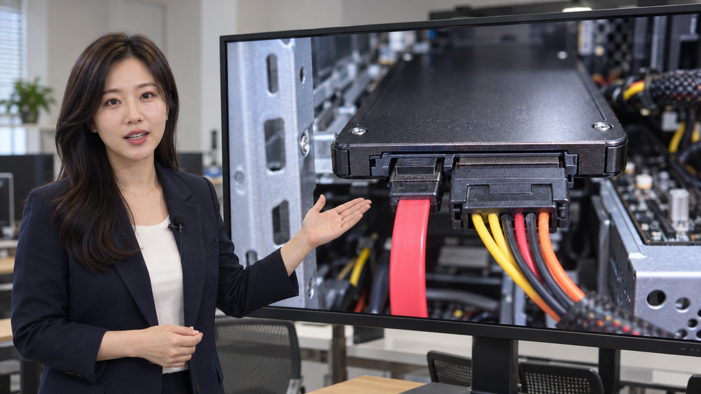 여성 강사가 큰 모니터의 SATA SSD 데이터 케이블과 전원 연결 부분을 설명하는 이미지