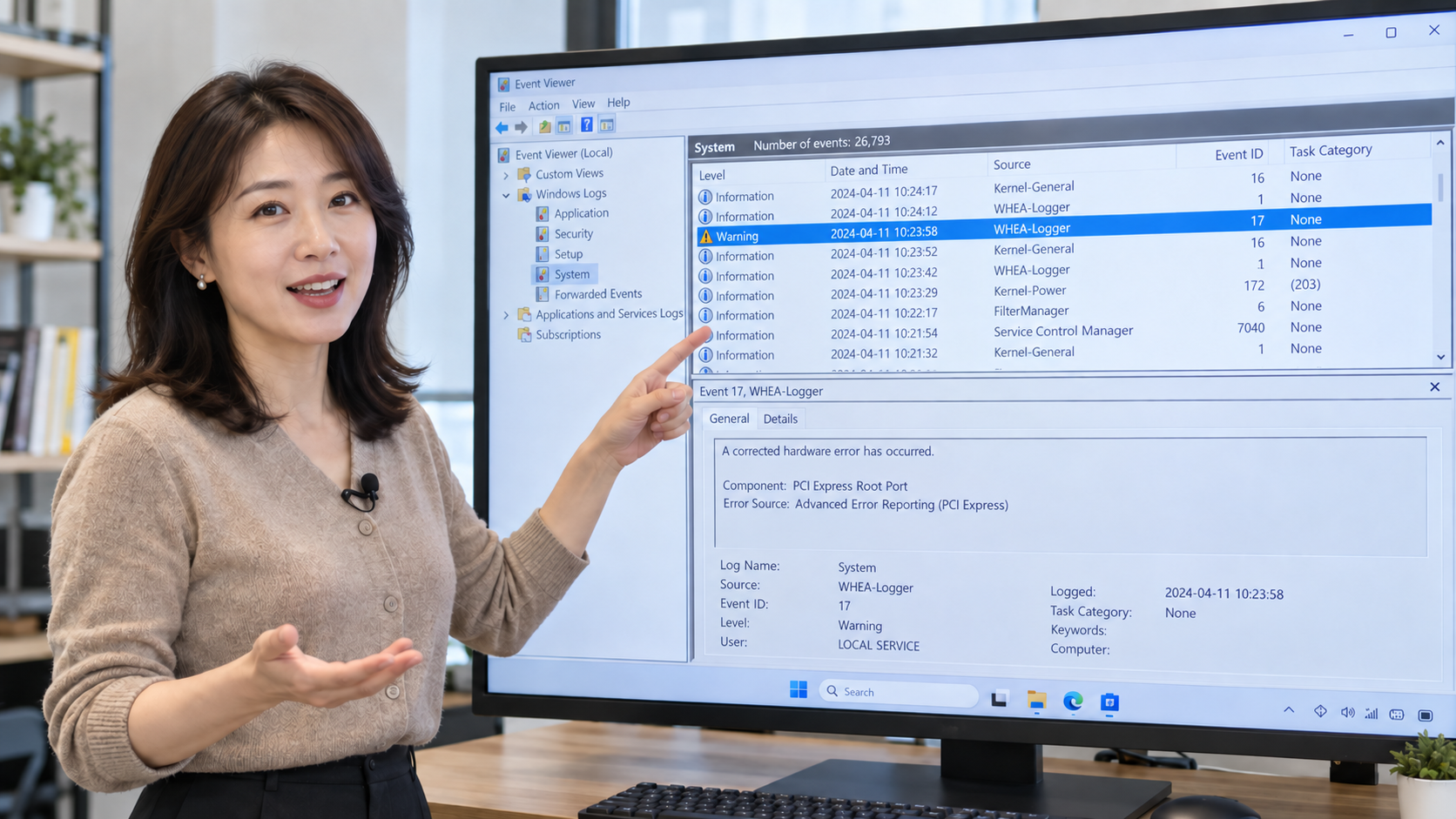 WHEA-Logger 이벤트 17 경고가 표시된 이벤트 뷰어 화면을 여성 강사가 설명하는 이미지