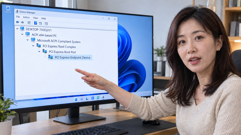 WHEA-Logger 이벤트 17의 PCIe 루트 포트와 하위 장치를 장치 관리자 화면으로 설명하는 여성 강사