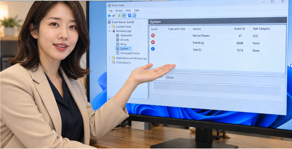 여성 강사가 큰 모니터의 Windows 이벤트 뷰어에서 종료 관련 이벤트 41·6008·1074를 설명하는 이미지
